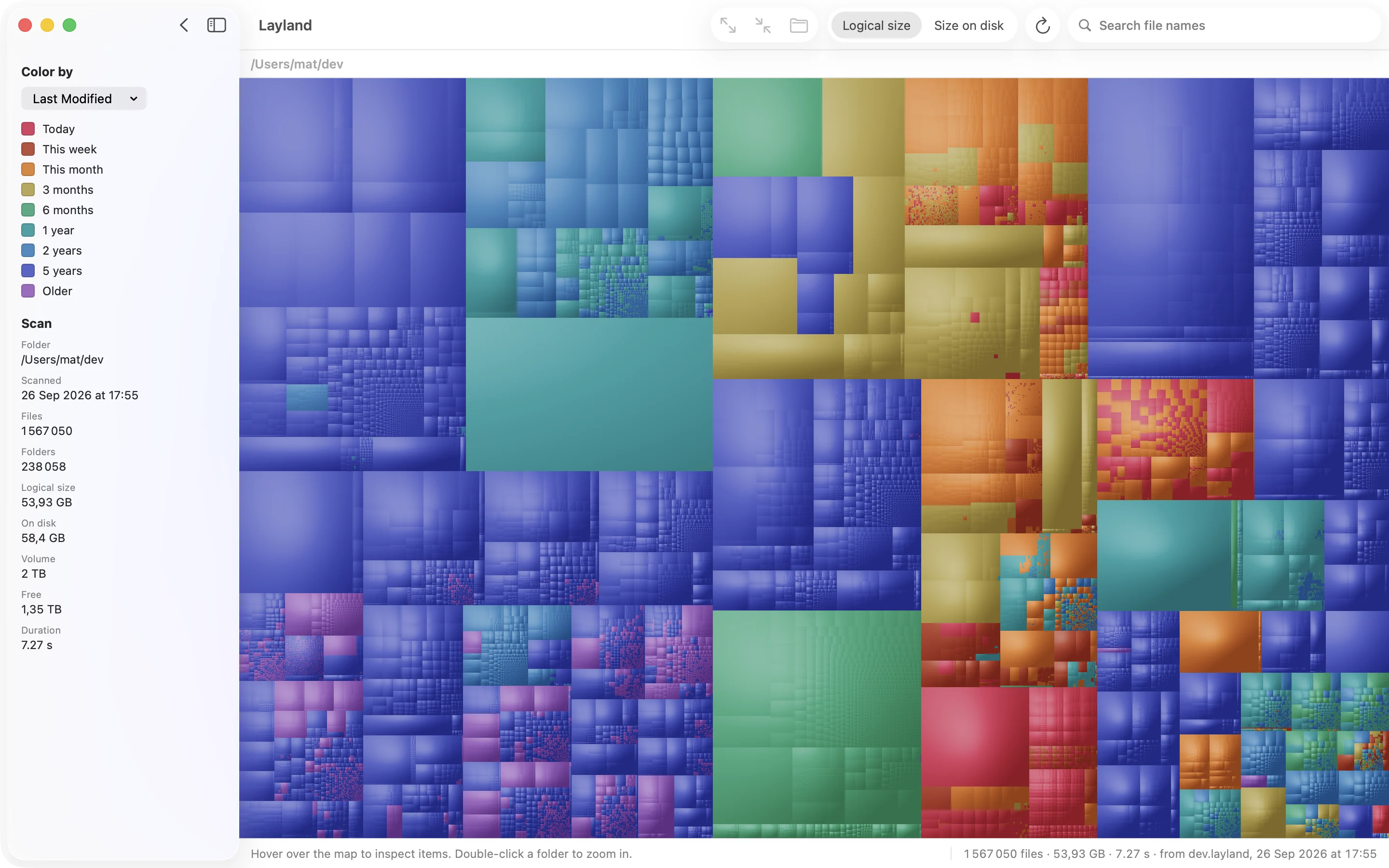 The same folder colored by last modified date in the Jewel palette: most of it blue and violet, untouched for years, with recent work in red and orange