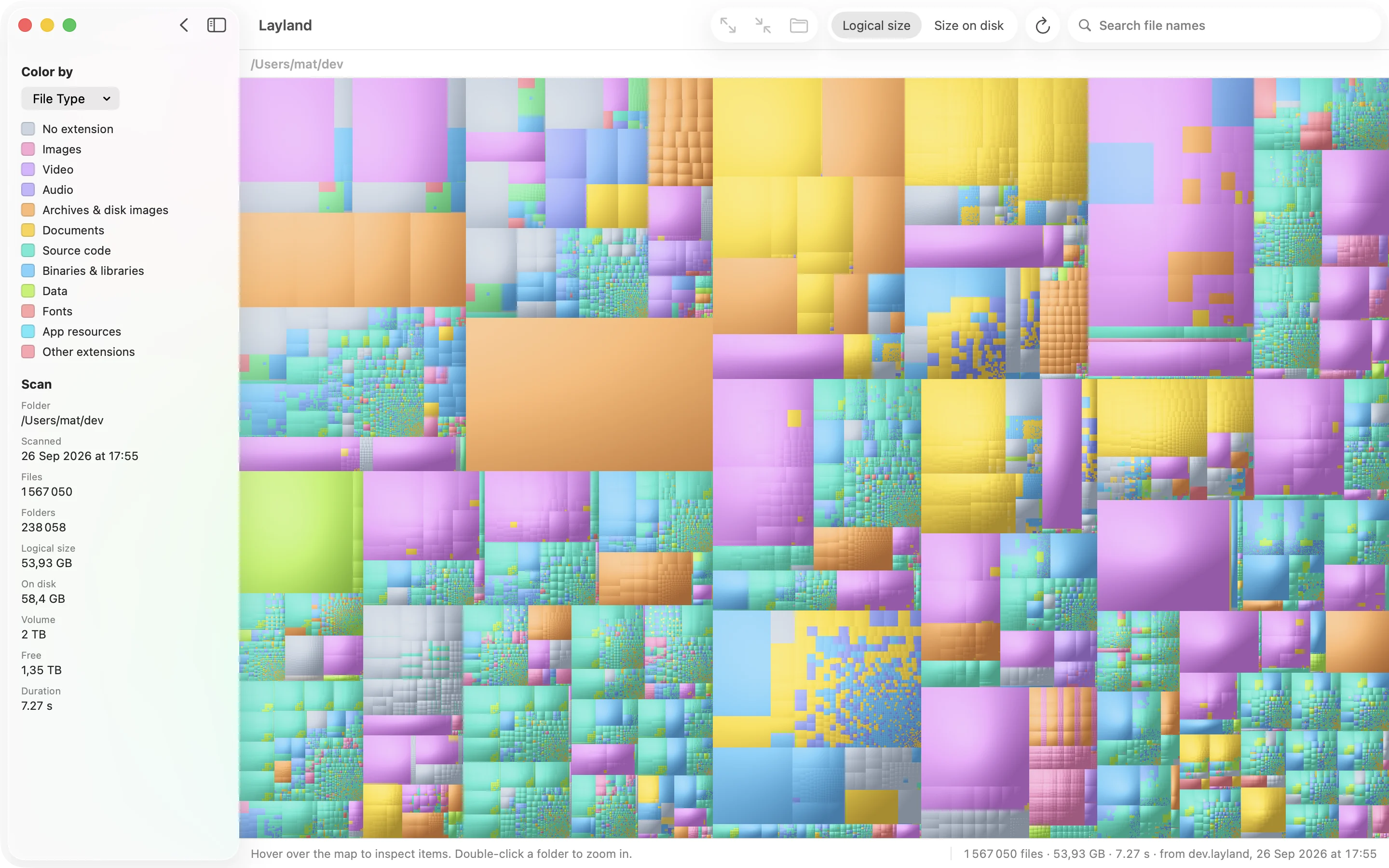 The same dev folder in the Pastel palette: soft violet, orange, yellow and mint blocks